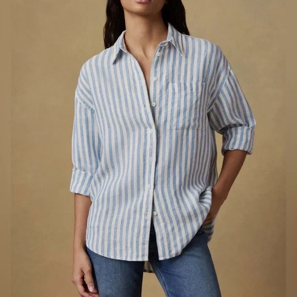 Faherty Laguna Linen blue white stripe M - Picture 1 of 12